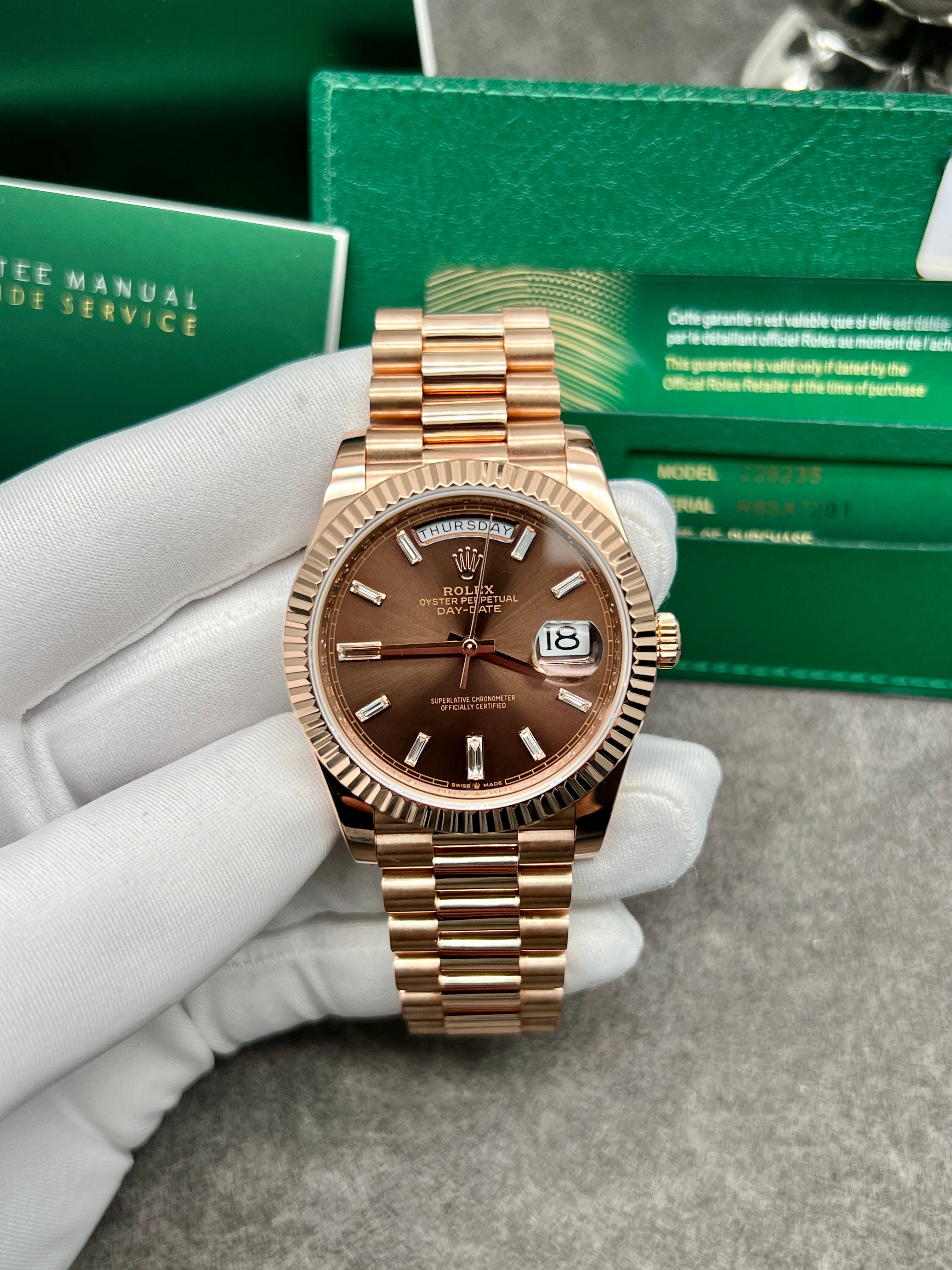 Rolex Day-Date 40mm 18K Everose Gold 228235 Chocolate Baguette BOX&PAPERS