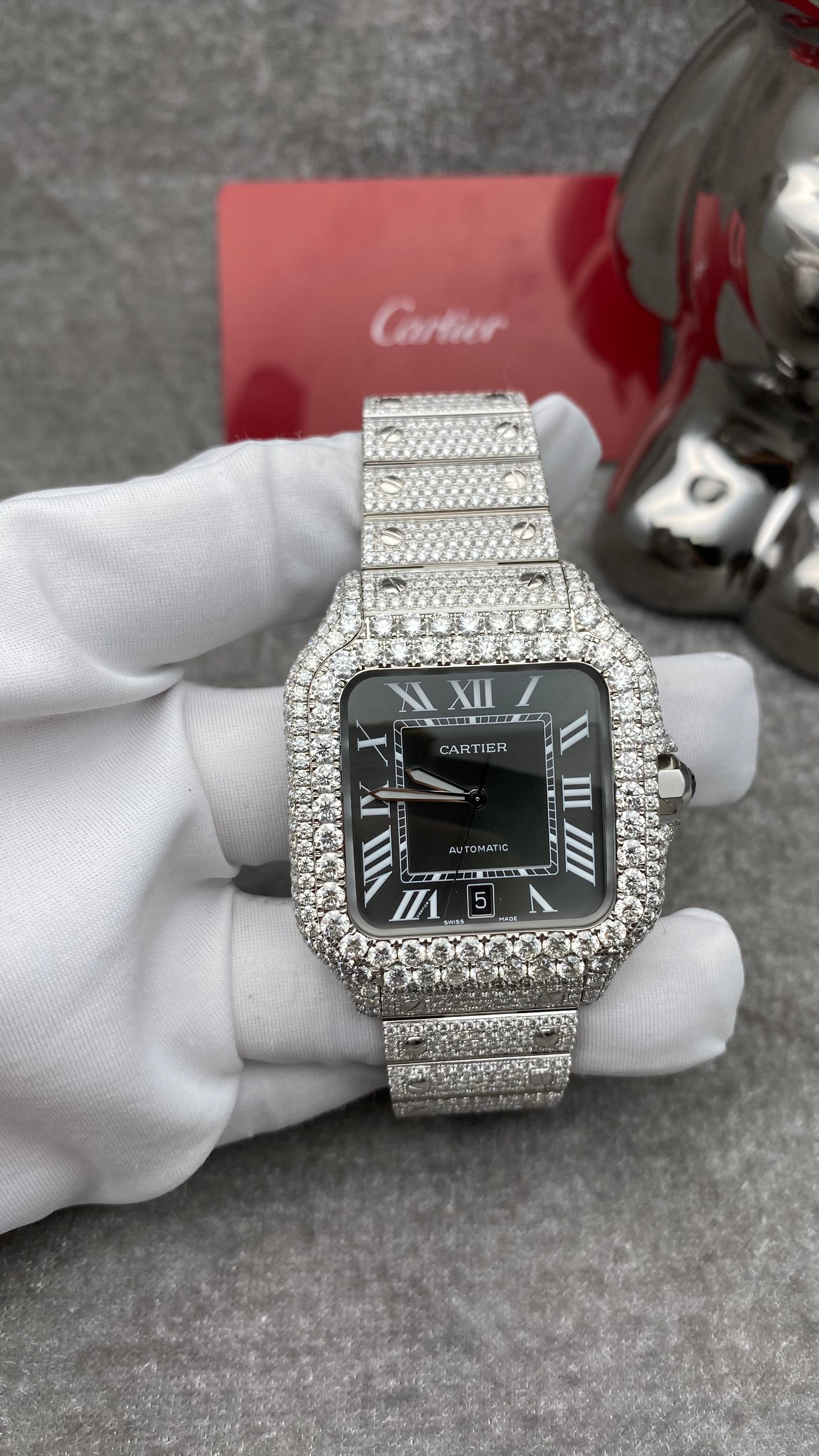 Cartier Men's Santos Large 40mm Steel Watch White 11ct Diamonds Roman Dial