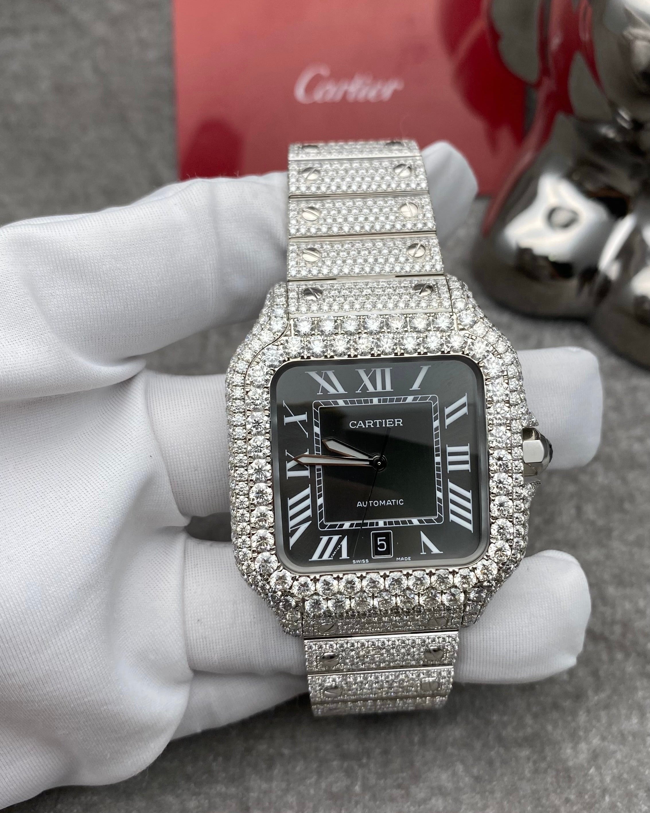 Cartier Men's Santos Large 40mm Steel Watch White 11ct Diamonds Roman Dial