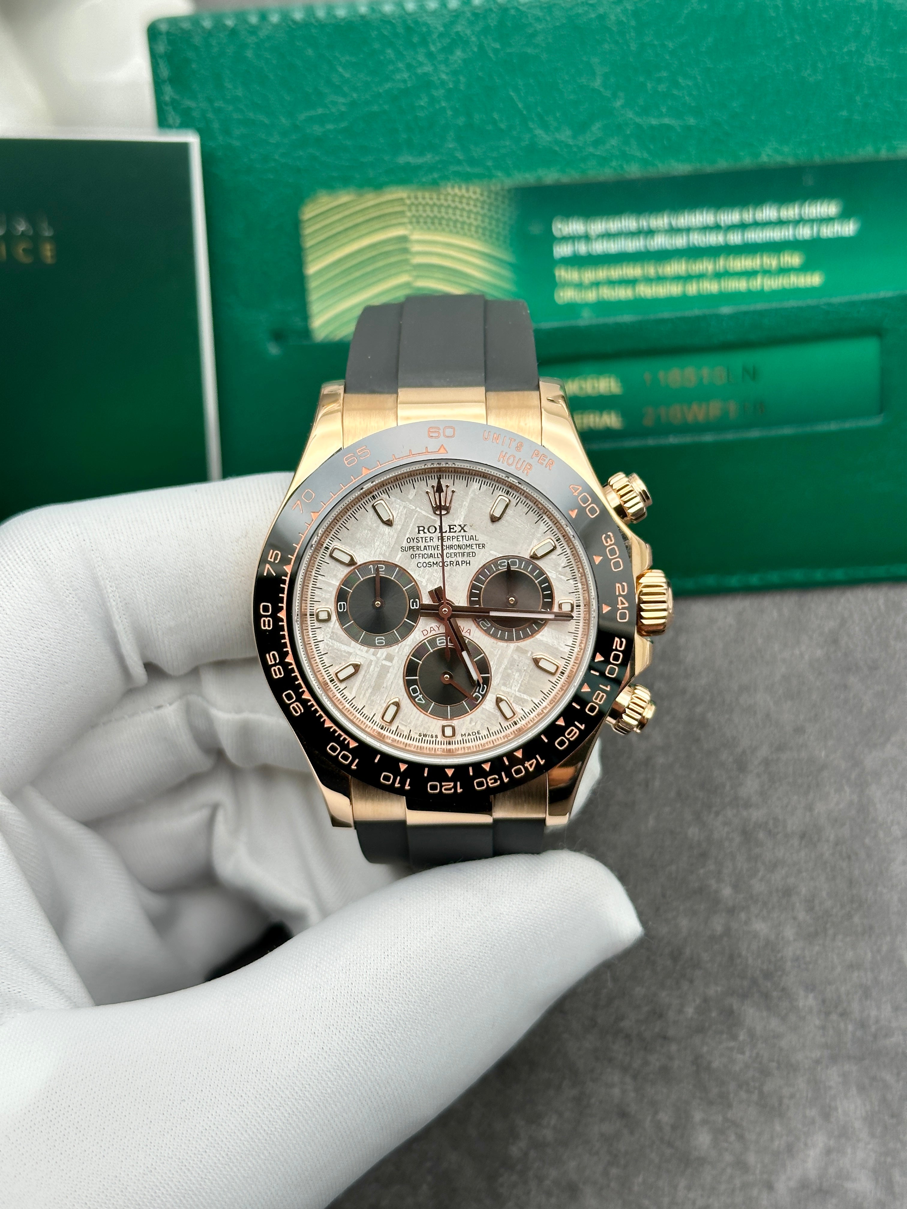 Men’s 40mm Solid 18ct Rose Gold Rolex Daytona Oysterflex RARE Meteorite Dial