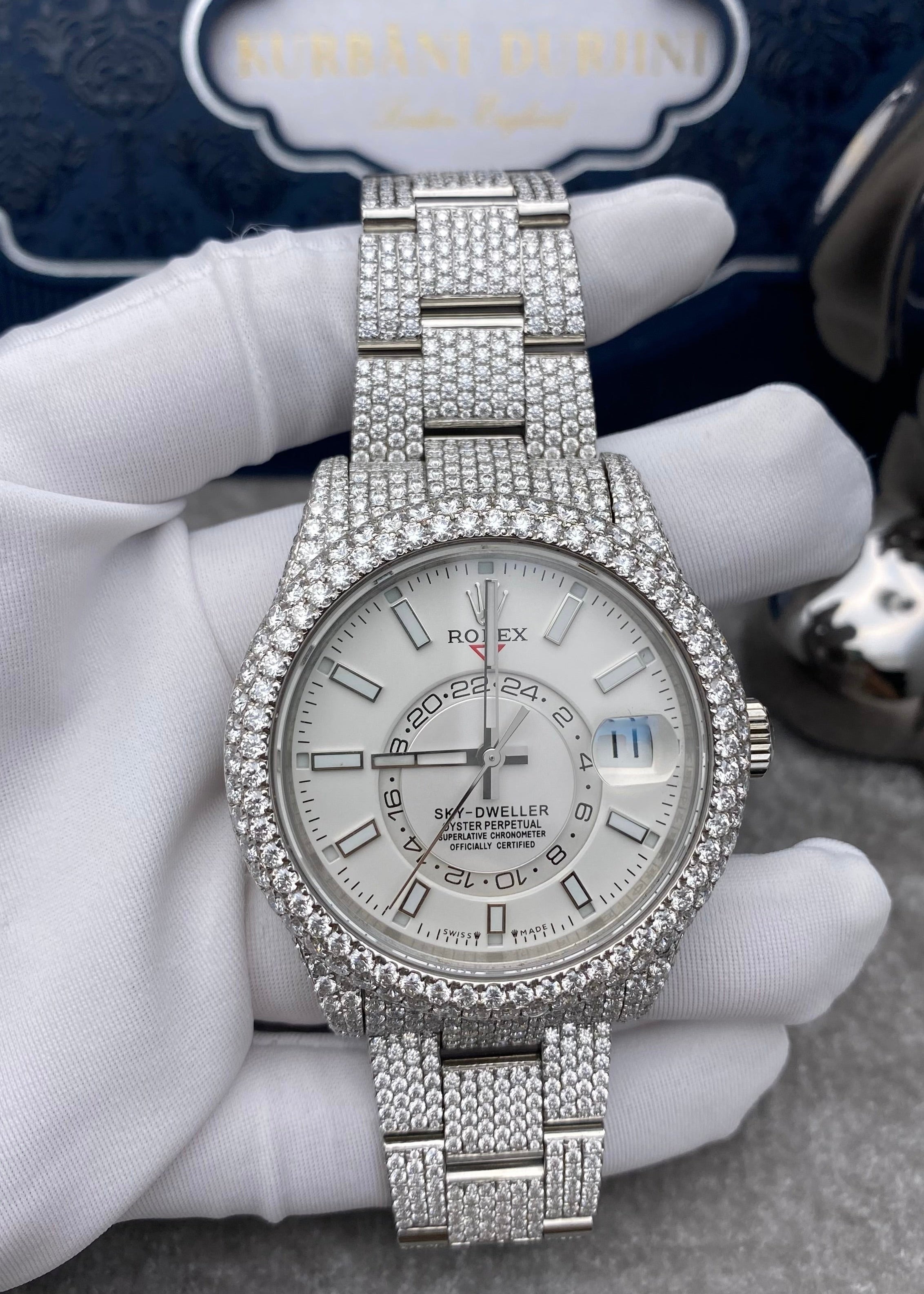 Rolex Sky Dweller 42 mm White Index Dial Stainless Steel Diamond Watch 326934