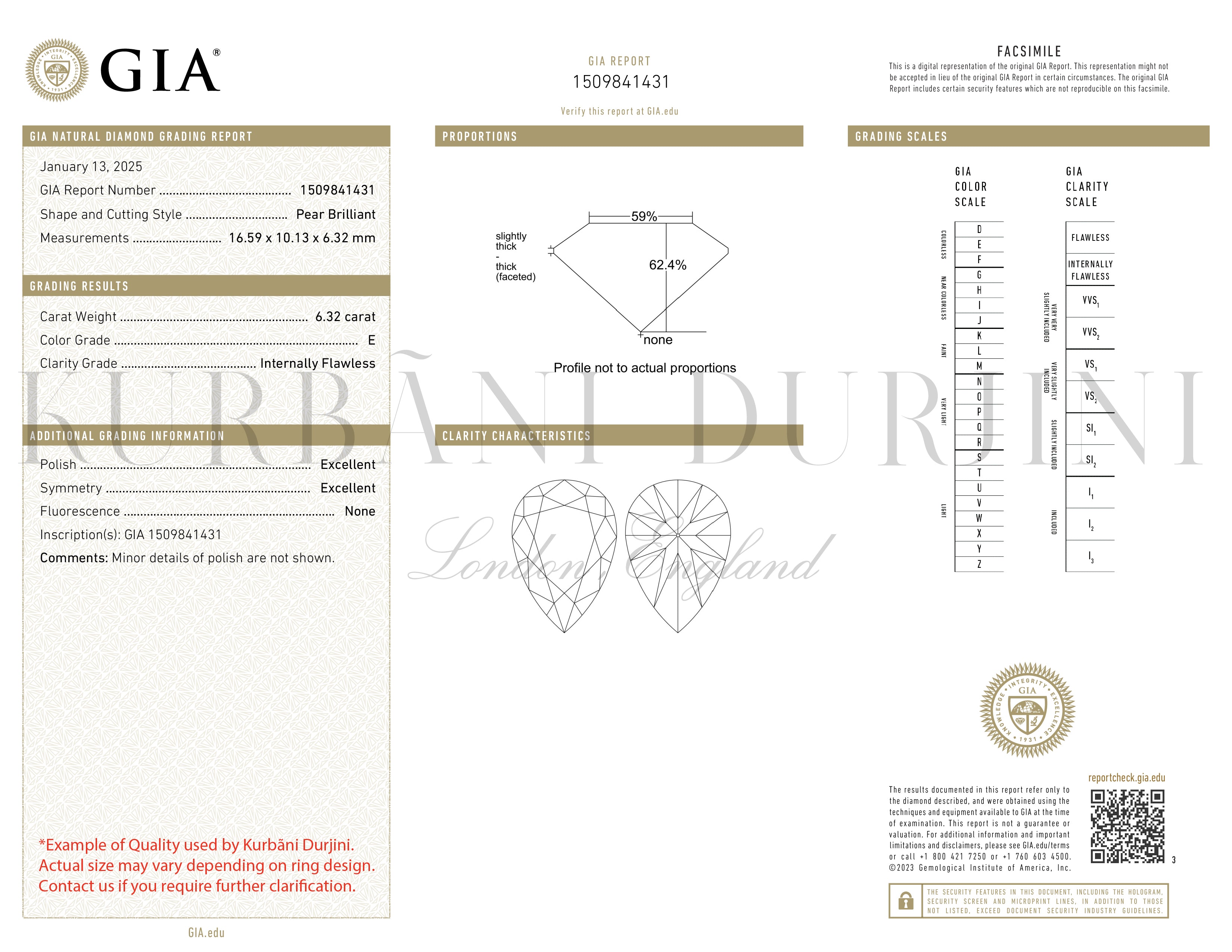 GIA certified pear cut diamond grading report with Kurbãni Durjini
