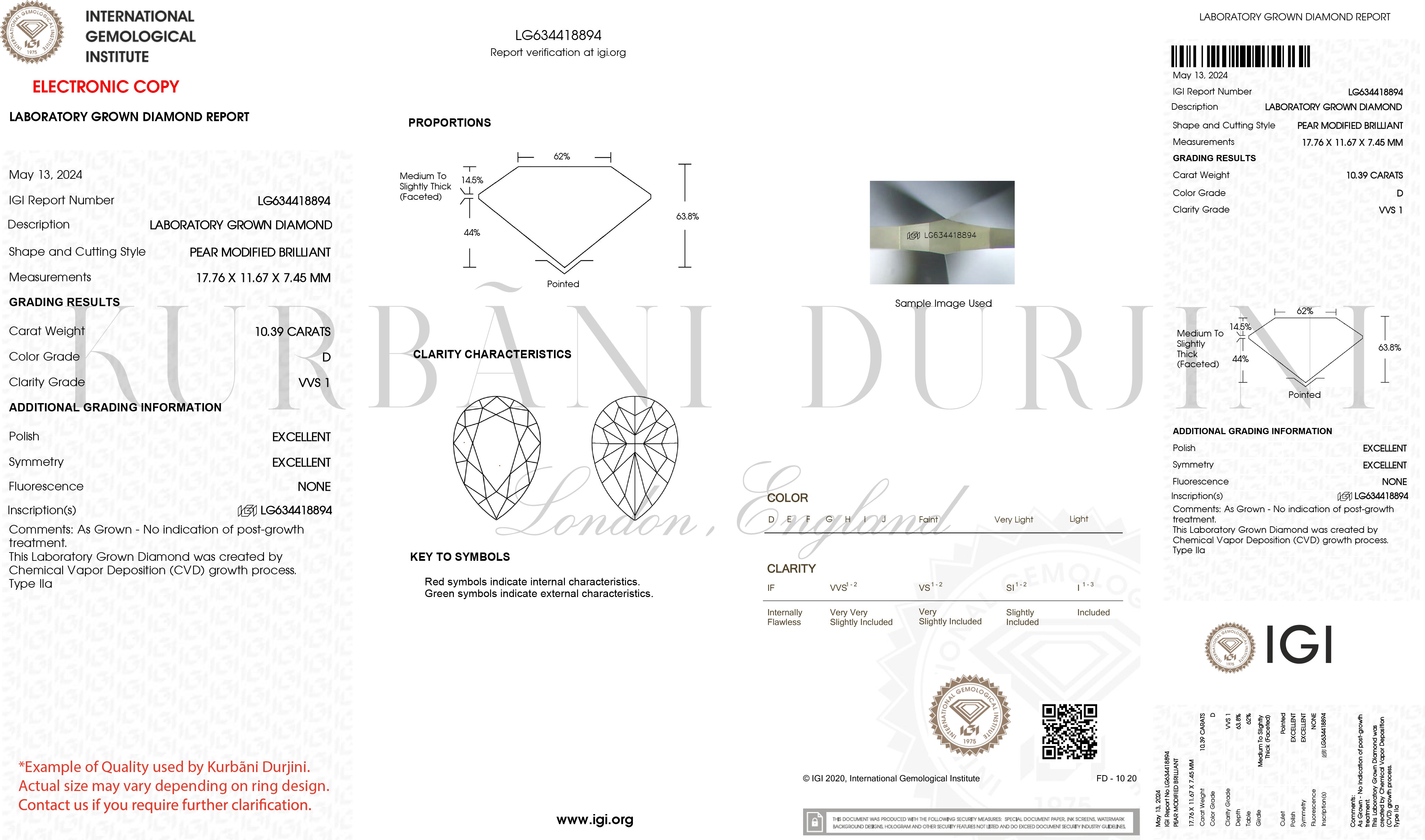 IGI pear modified brilliant diamond certificate diagram with Kurbãni Durjini