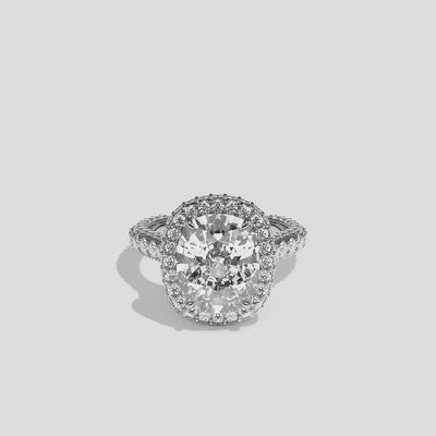 Shira diamond cushion halo engagement ring in 18K white gold by Kurbãni Durjini, 360-degree view