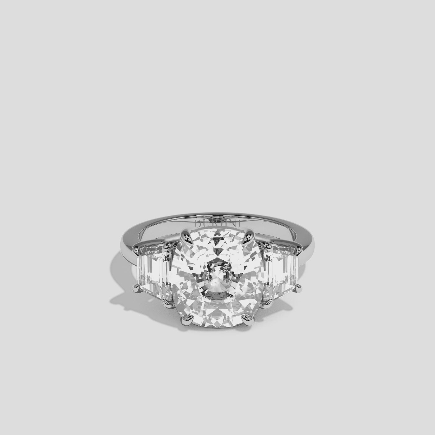Matilda Seraphine diamond cushion engagement ring in 18K white gold by Kurbãni Durjini, 360-degree view