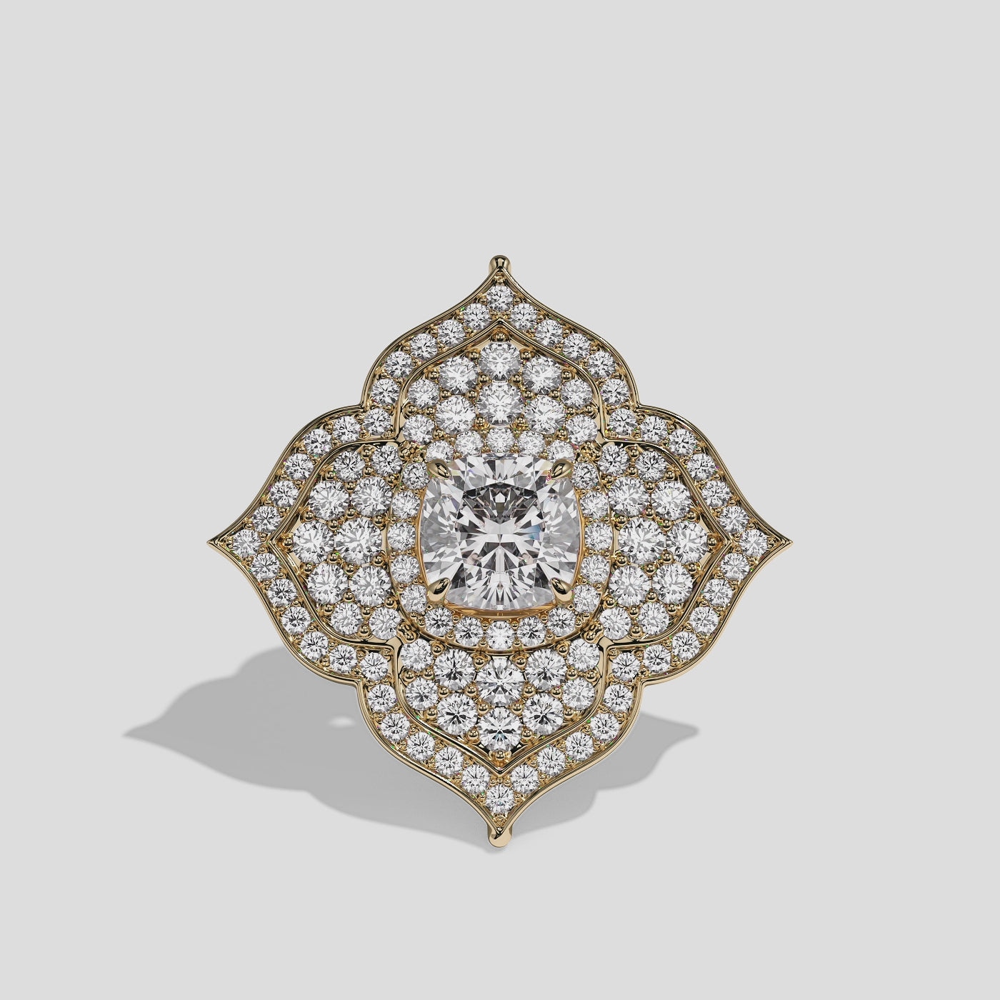 Clara Viscountess cushion diamond engagement ring in 18K yellow gold by Kurbãni Durjini, 360-degree view