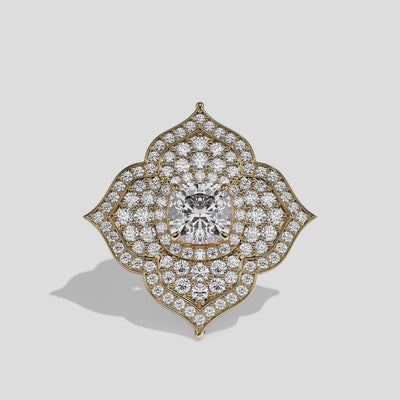 Clara Viscountess cushion diamond engagement ring in 18K yellow gold by Kurbãni Durjini, 360-degree view