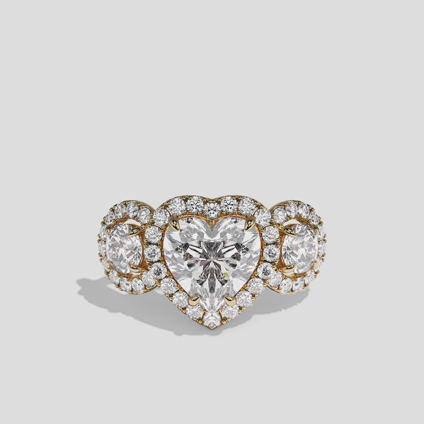 Blanche Countess heart halo diamond engagement ring in 18K yellow gold by Kurbãni Durjini, 360-degree view