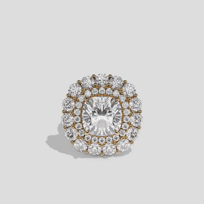 Pauline Marchioness diamond cushion halo engagement ring in 18K yellow gold by Kurbãni Durjini, 360-degree view