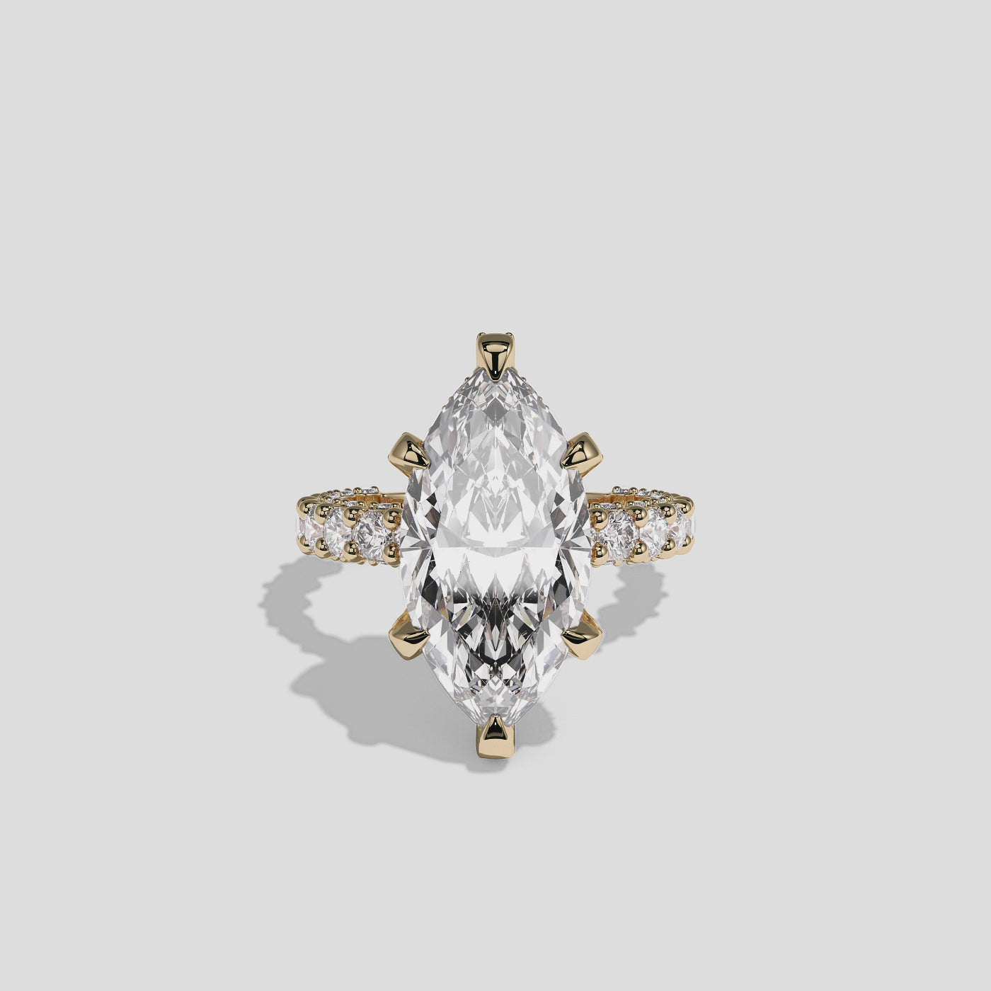 Aviva Ravenscroft diamond marquise halo engagement ring in 18K yellow gold by Kurbãni Durjini, 360-degree view