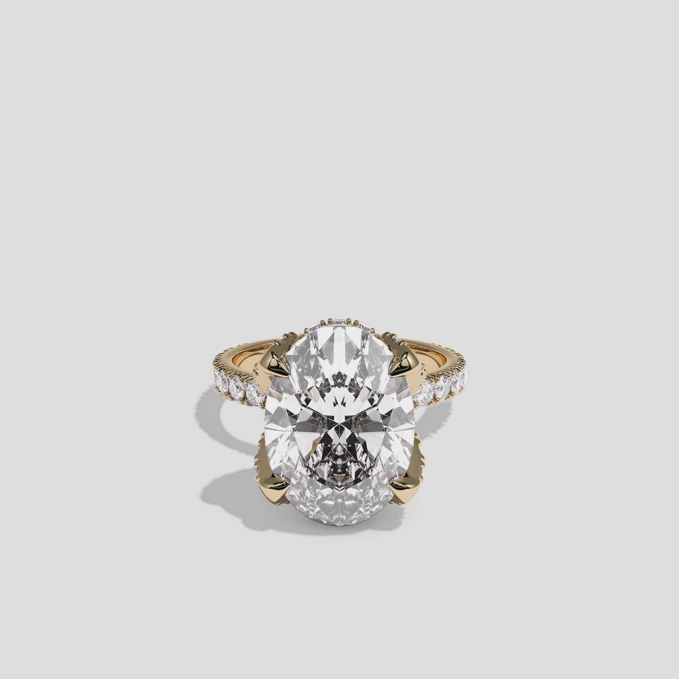 Rebecca Lady Ainsworth diamond oval halo engagement ring in 18K yellow gold by Kurbãni Durjini, 360-degree view