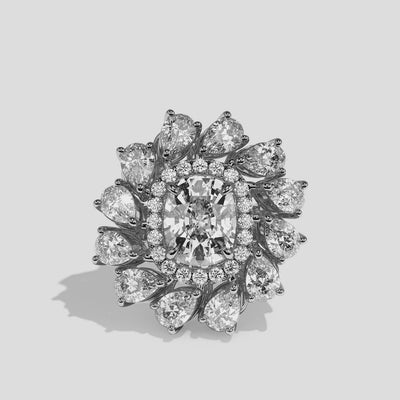 Beatrice cushion halo diamond engagement ring in 18K white gold by Kurbãni Durjini, 360-degree view