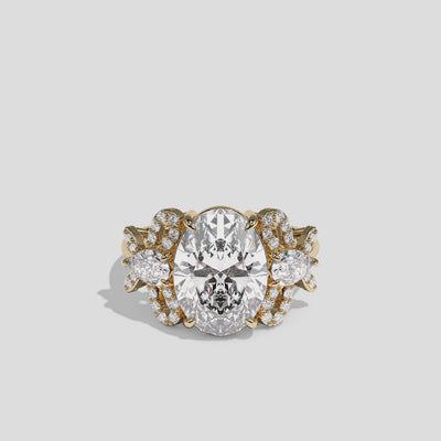 Malkah Rosewood diamond oval halo engagement ring in 18K yellow gold by Kurbãni Durjini, 360-degree view