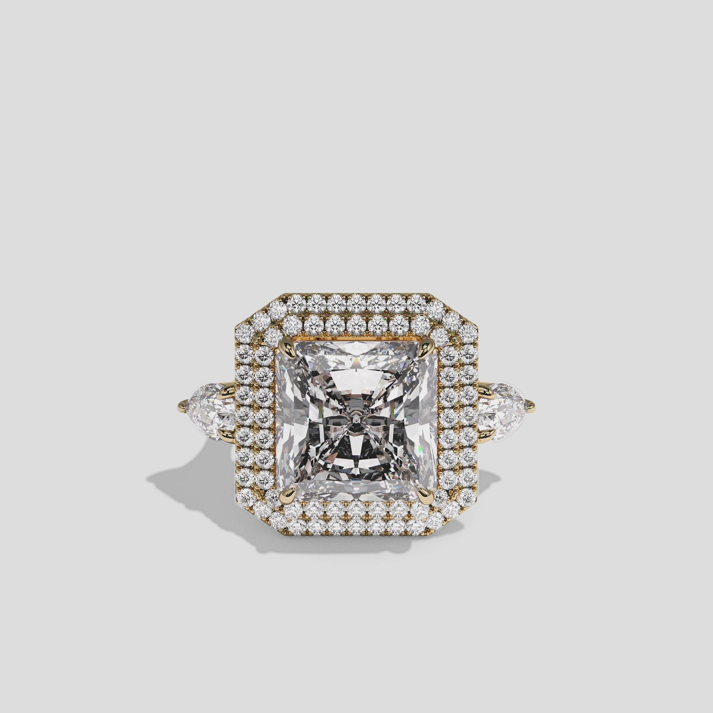 Helena Duchess Rosalind diamond radiant engagement ring in 18K yellow gold by Kurbãni Durjini, 360-degree view