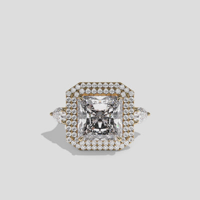 Helena Duchess Rosalind diamond radiant engagement ring in 18K yellow gold by Kurbãni Durjini, 360-degree view