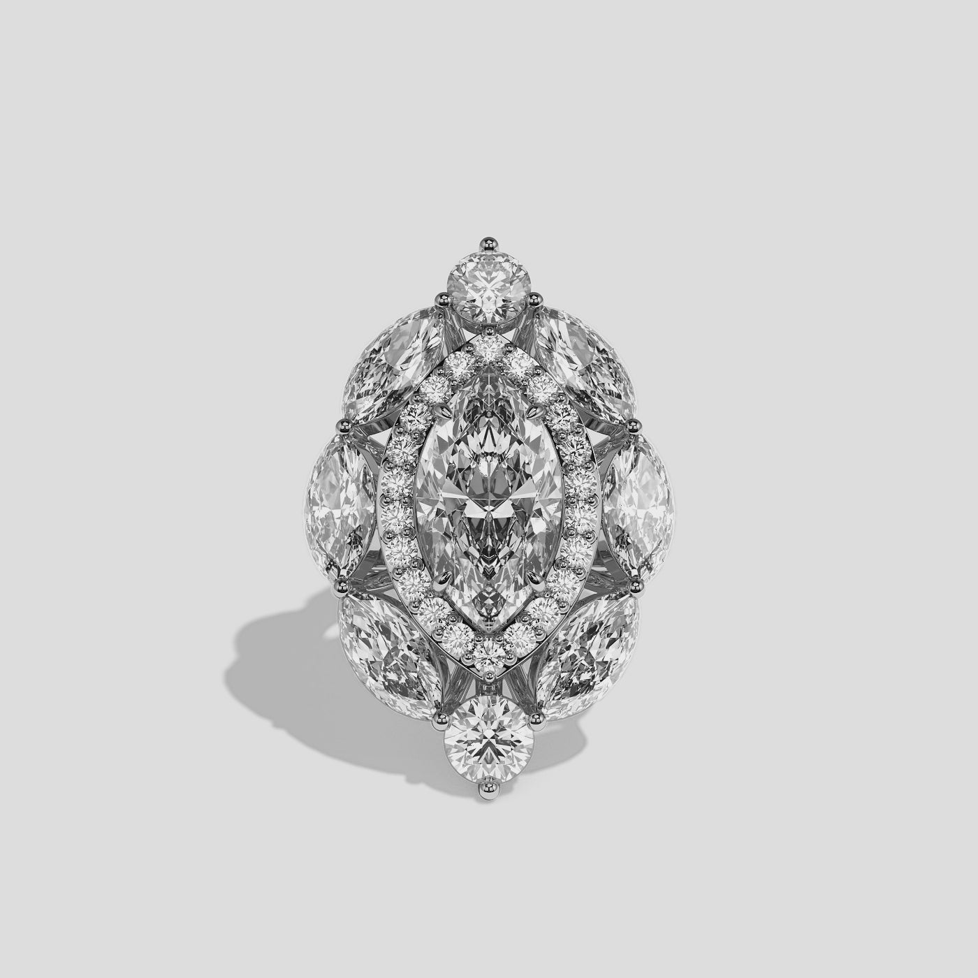 Louisa Eclat marquise diamond engagement ring in 18K white gold by Kurbãni Durjini, 360-degree view