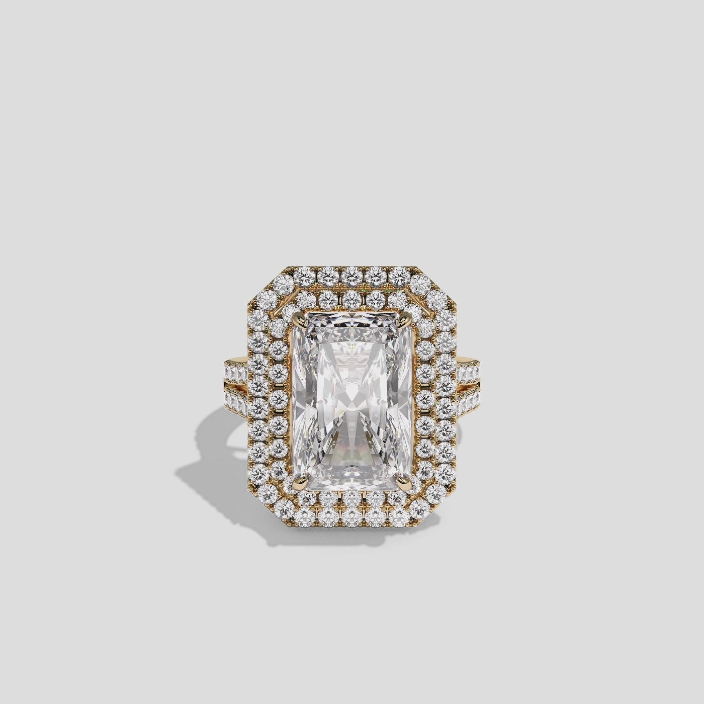 Cecilia Lady Eleanor diamond radiant halo engagement ring in 18K yellow gold by Kurbãni Durjini, 360-degree view