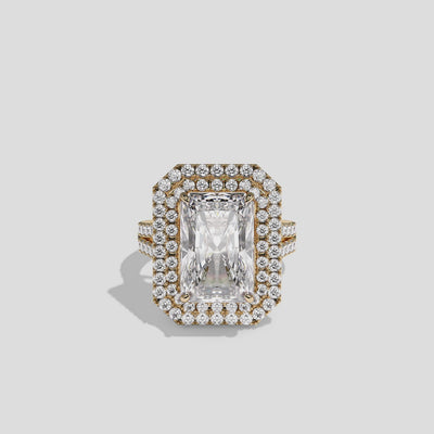 Cecilia Lady Eleanor diamond radiant halo engagement ring in 18K yellow gold by Kurbãni Durjini, 360-degree view