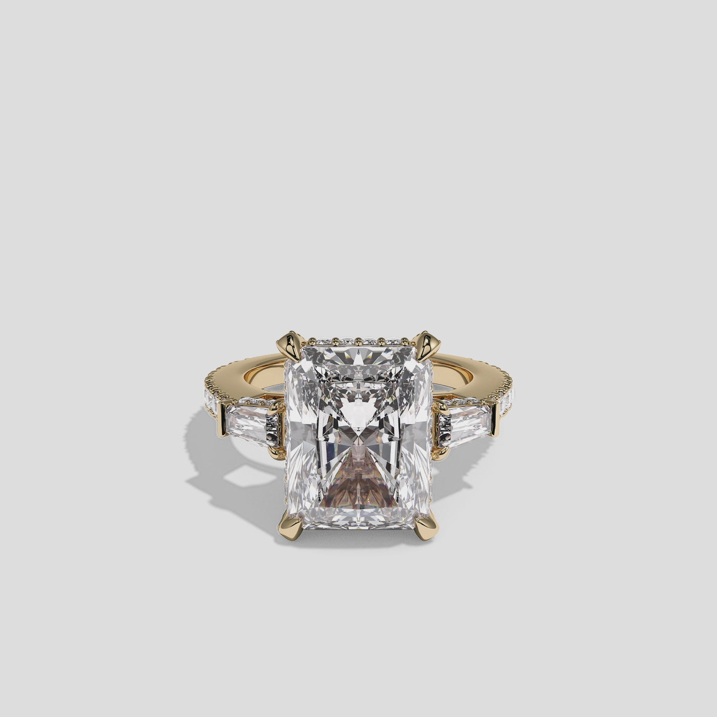 Esther Eclat Kingswood diamond radiant halo engagement ring in 18K yellow gold by Kurbãni Durjini, 360-degree view