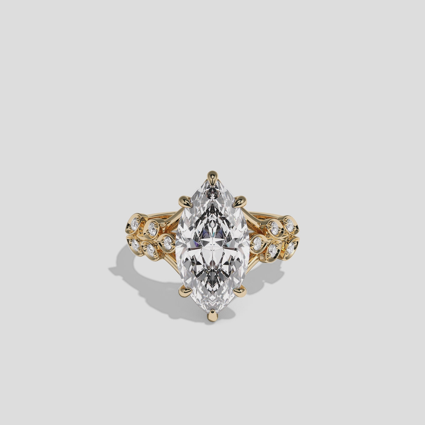 Aurisse Eclat Rosemoor diamond marquise halo engagement ring in 18K yellow gold by Kurbãni Durjini, 360-degree view