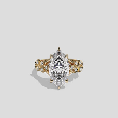 Aurisse Eclat Rosemoor diamond marquise halo engagement ring in 18K yellow gold by Kurbãni Durjini, 360-degree view
