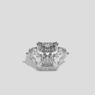 Tzipporah diamond radiant halo engagement ring in 18K white gold by Kurbãni Durjini, 360-degree view