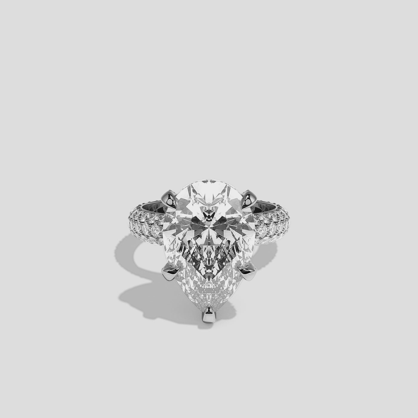 Shira 10.00ct diamond pear halo engagement ring in 18K white gold by Kurbãni Durjini, 360-degree view