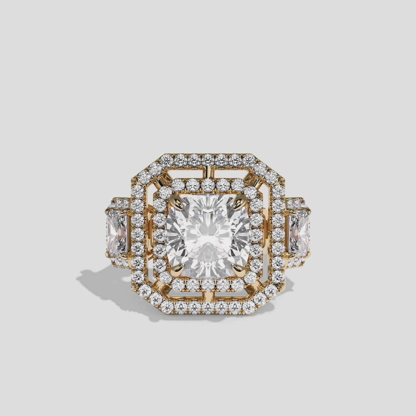 Winifred Marquise diamond cushion halo engagement ring in 18K yellow gold by Kurbãni Durjini, 360-degree view