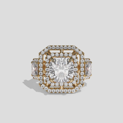 Winifred Marquise diamond cushion halo engagement ring in 18K yellow gold by Kurbãni Durjini, 360-degree view