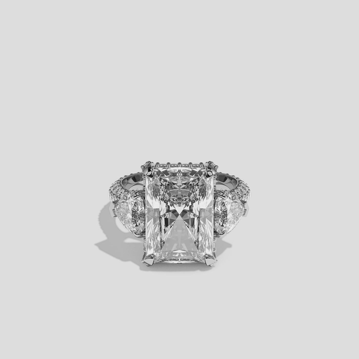 Luna 12.00ct diamond radiant halo engagement ring in 18K white gold by Kurbãni Durjini, 360-degree view