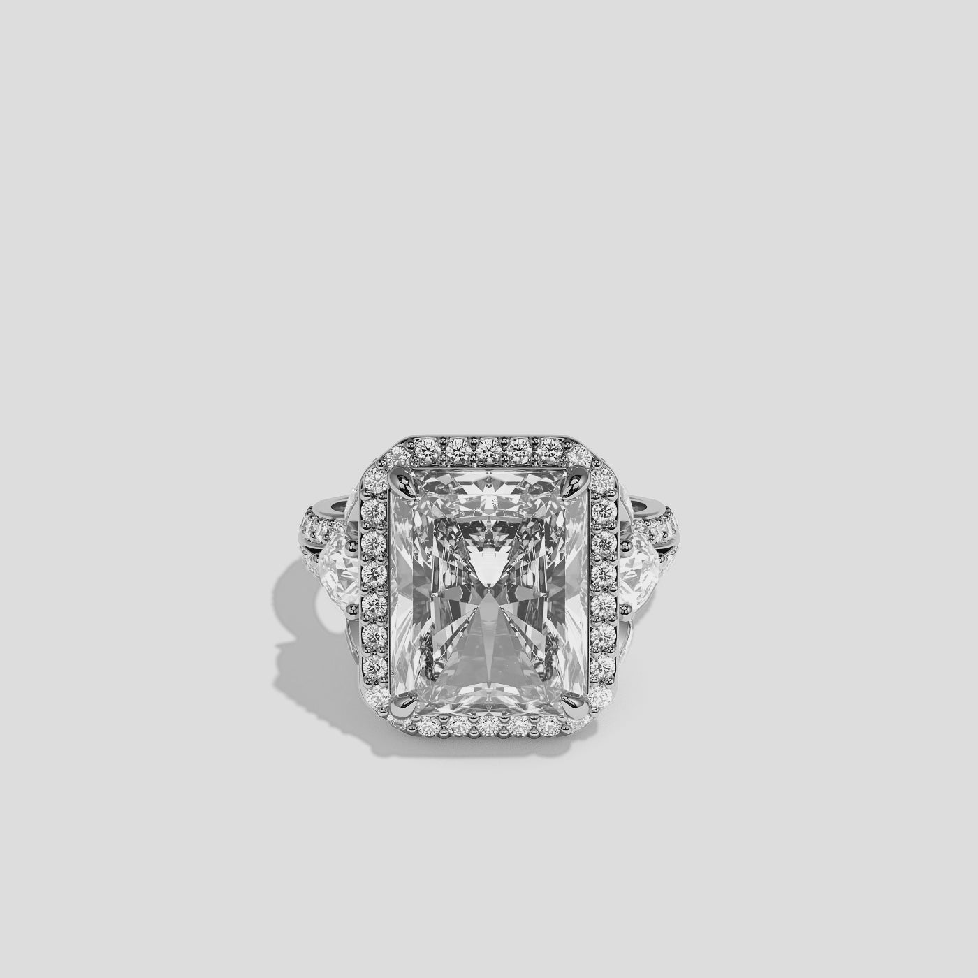 Rina Eclat diamond radiant halo engagement ring in 18K white gold by Kurbãni Durjini, 360-degree view
