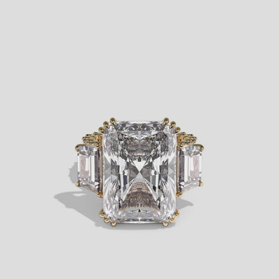 Etheldreda Lady of Ely diamond radiant halo engagement ring in 18K yellow gold by Kurbãni Durjini, 360-degree view