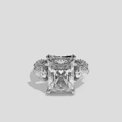Hannah Eclat diamond radiant halo engagement ring in 18K white gold by Kurbãni Durjini, 360-degree view
