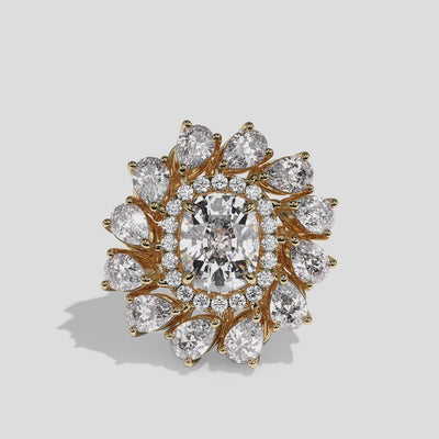 Beatrice Regent cushion halo diamond engagement ring in 18K yellow gold by Kurbãni Durjini, 360-degree view