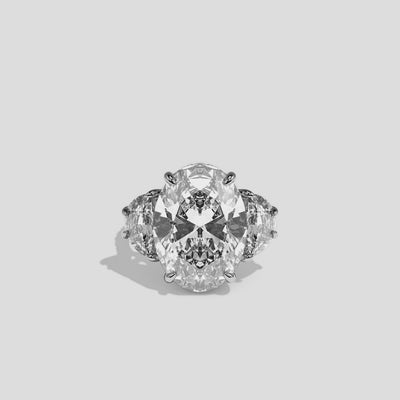 Philippa Agnes diamond oval halo engagement ring in 18K white gold by Kurbãni Durjini, 360-degree view
