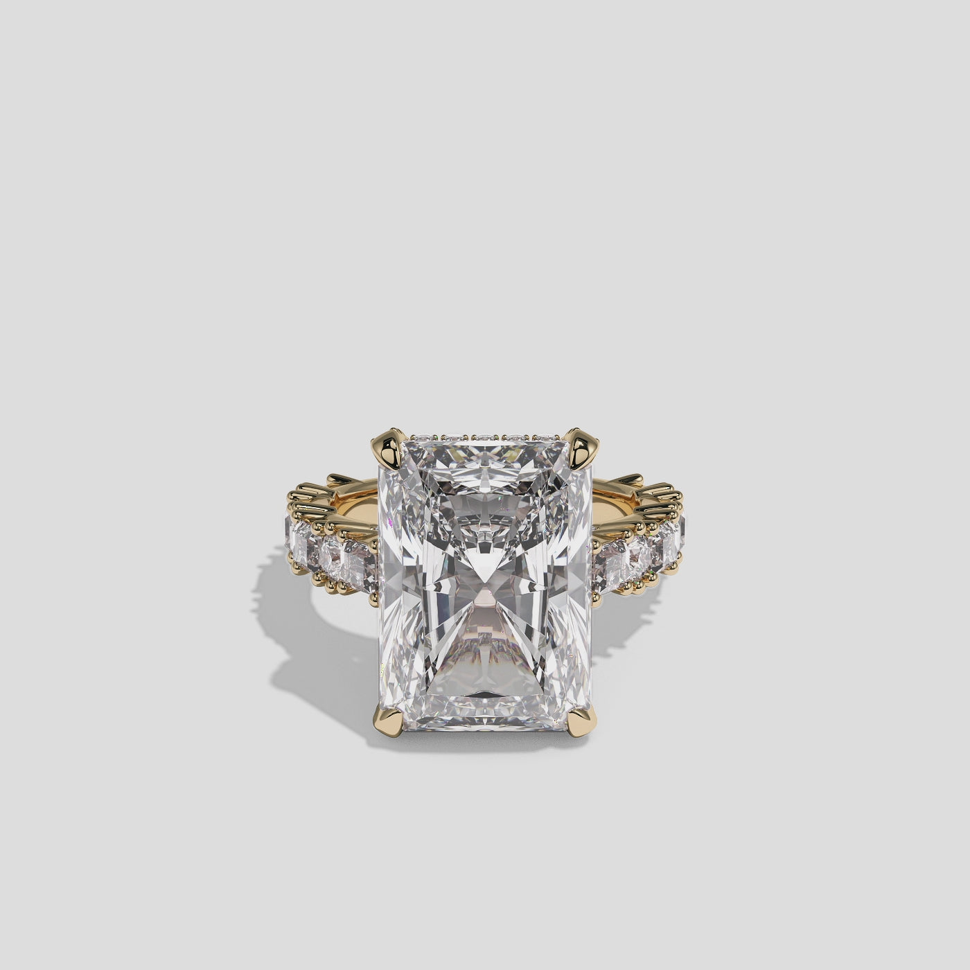 Ruth Lady Wetherfield diamond radiant halo engagement ring in 18K yellow gold by Kurbãni Durjini, 360-degree view