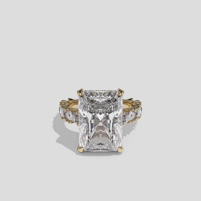 Ruth Lady Wetherfield diamond radiant halo engagement ring in 18K yellow gold by Kurbãni Durjini, 360-degree view