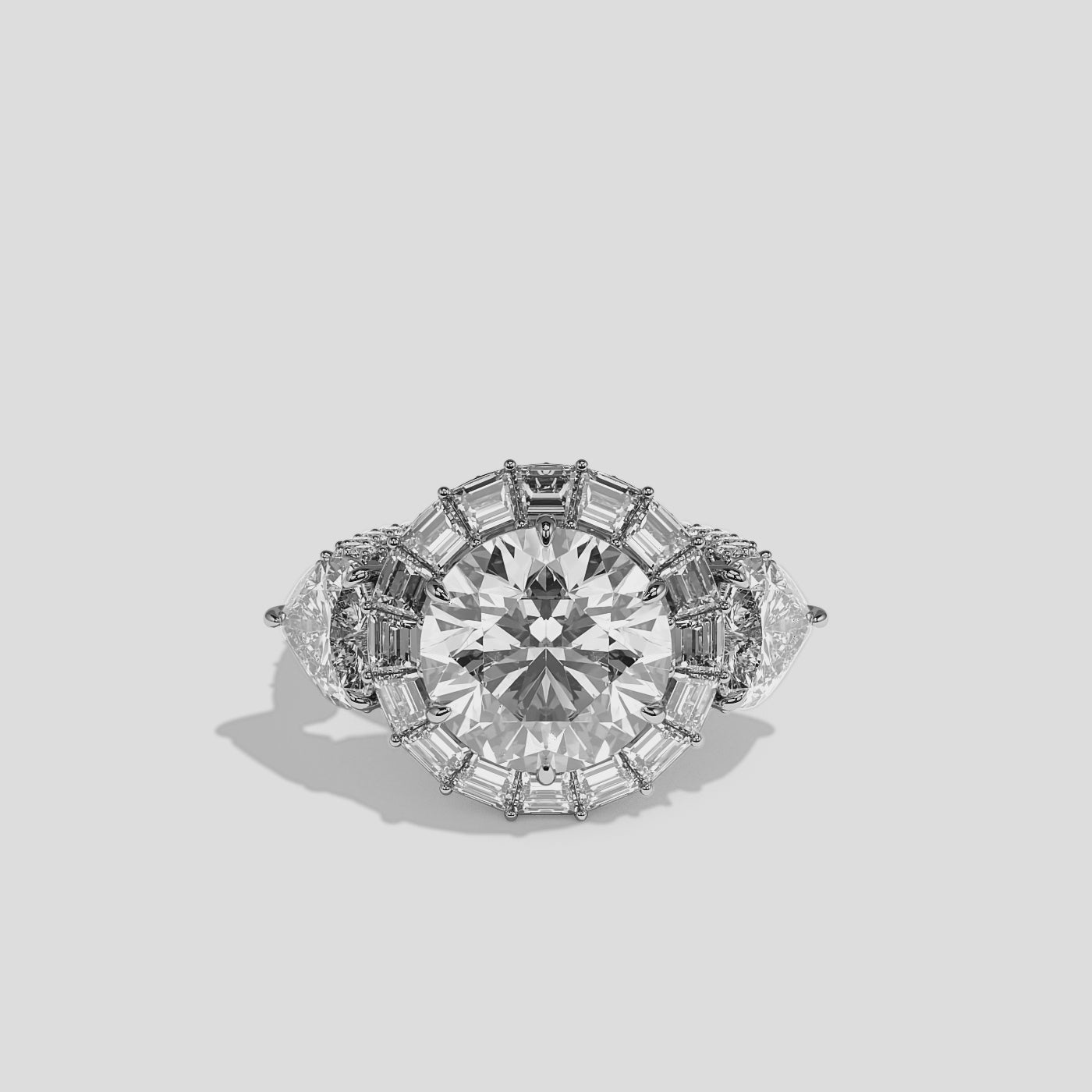 Shira 15.00ct diamond round brilliant halo engagement ring in 18K white gold by Kurbãni Durjini, 360-degree view