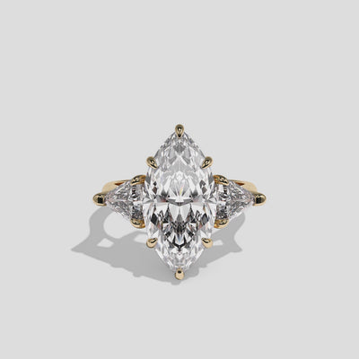 Arabella Marchioness diamond marquise engagement ring in 18K yellow gold by Kurbãni Durjini, 360-degree view