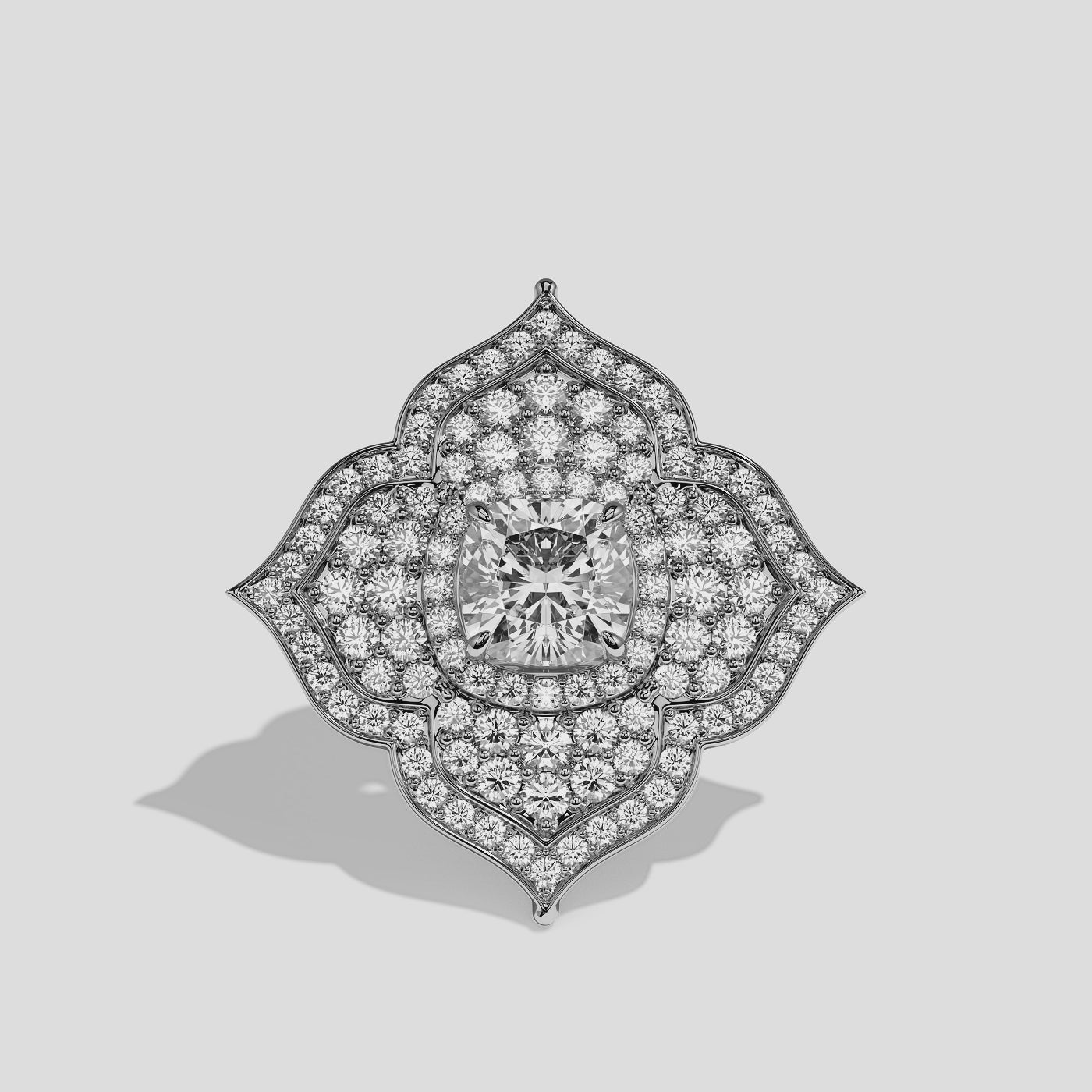 Clara Elan cushion diamond engagement ring in 18K white gold by Kurbãni Durjini, 360-degree view