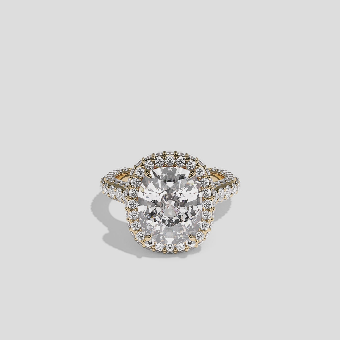 Shira Ravenscourt diamond cushion halo engagement ring in 18K yellow gold by Kurbãni Durjini, 360-degree view