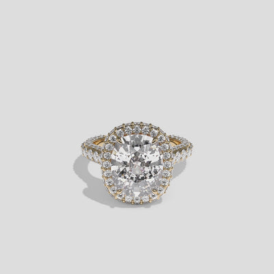 Shira Ravenscourt diamond cushion halo engagement ring in 18K yellow gold by Kurbãni Durjini, 360-degree view