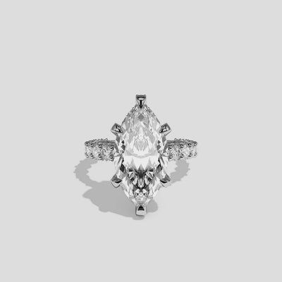 Aviva diamond marquise halo engagement ring in 18K white gold by Kurbãni Durjini, 360-degree view