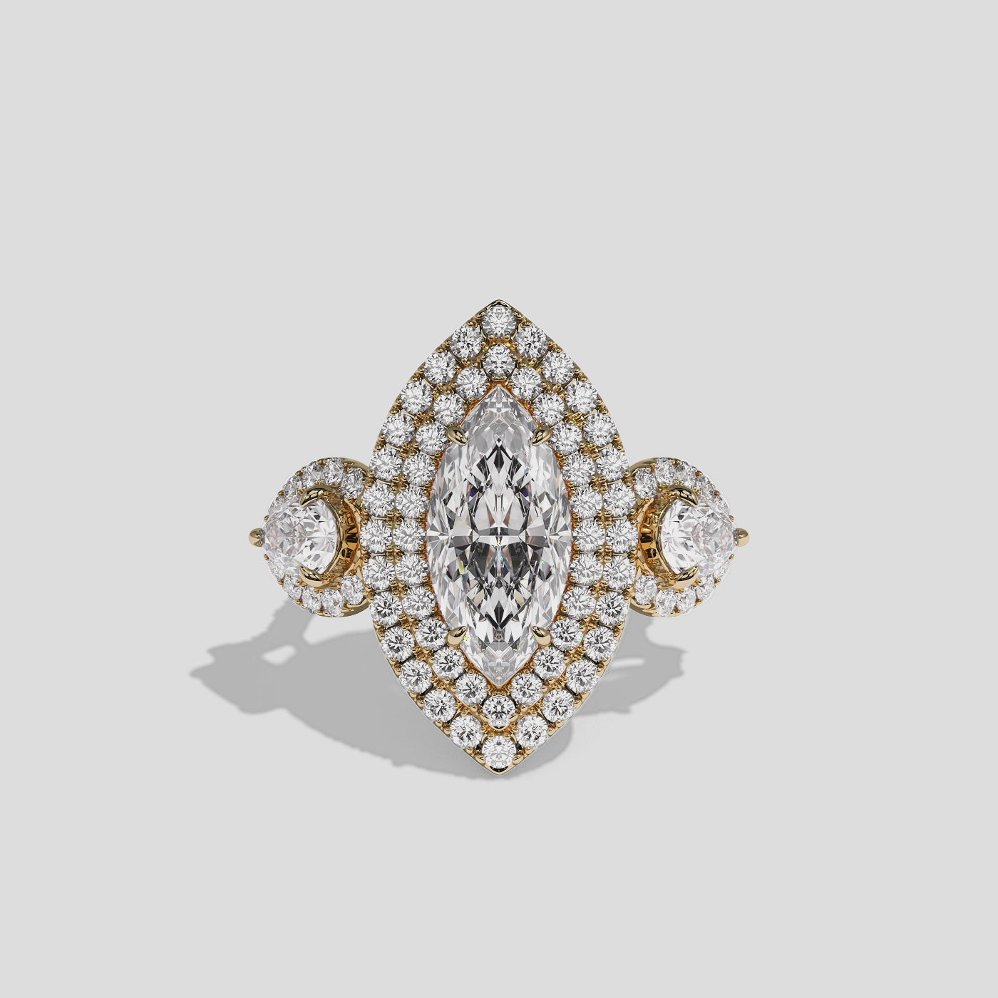 Drusilla Lady Wexford diamond marquise halo engagement ring in 18K yellow gold by Kurbãni Durjini, 360-degree view