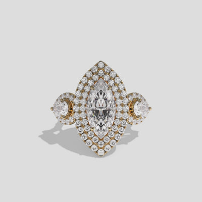 Drusilla Lady Wexford diamond marquise halo engagement ring in 18K yellow gold by Kurbãni Durjini, 360-degree view