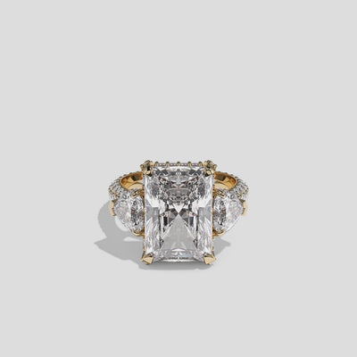 Luna Ashford 12.00ct diamond radiant halo engagement ring in 18K yellow gold by Kurbãni Durjini, 360-degree view