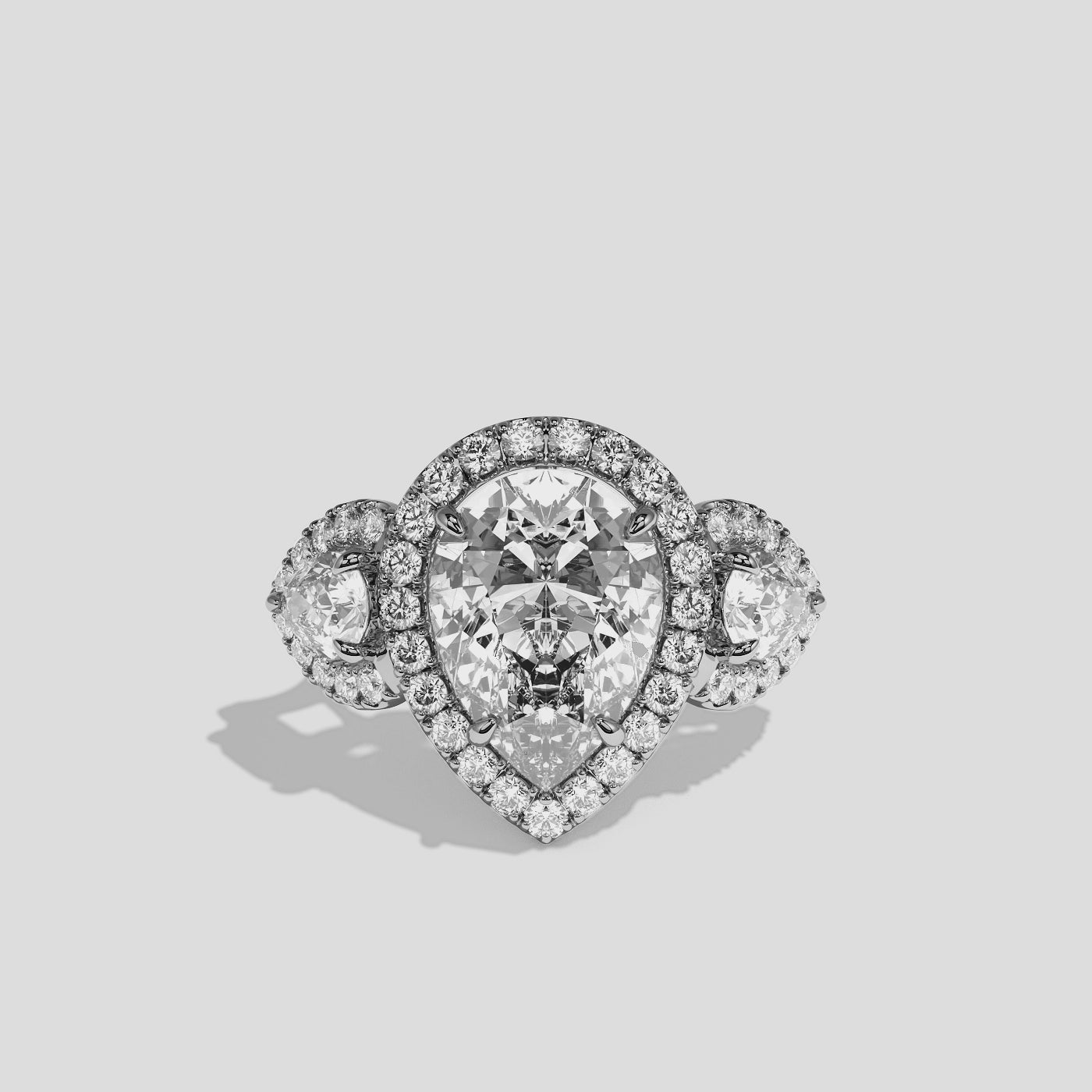 Dorothea Élégance diamond pear halo engagement ring in 18K white gold by Kurbãni Durjini, 360-degree view