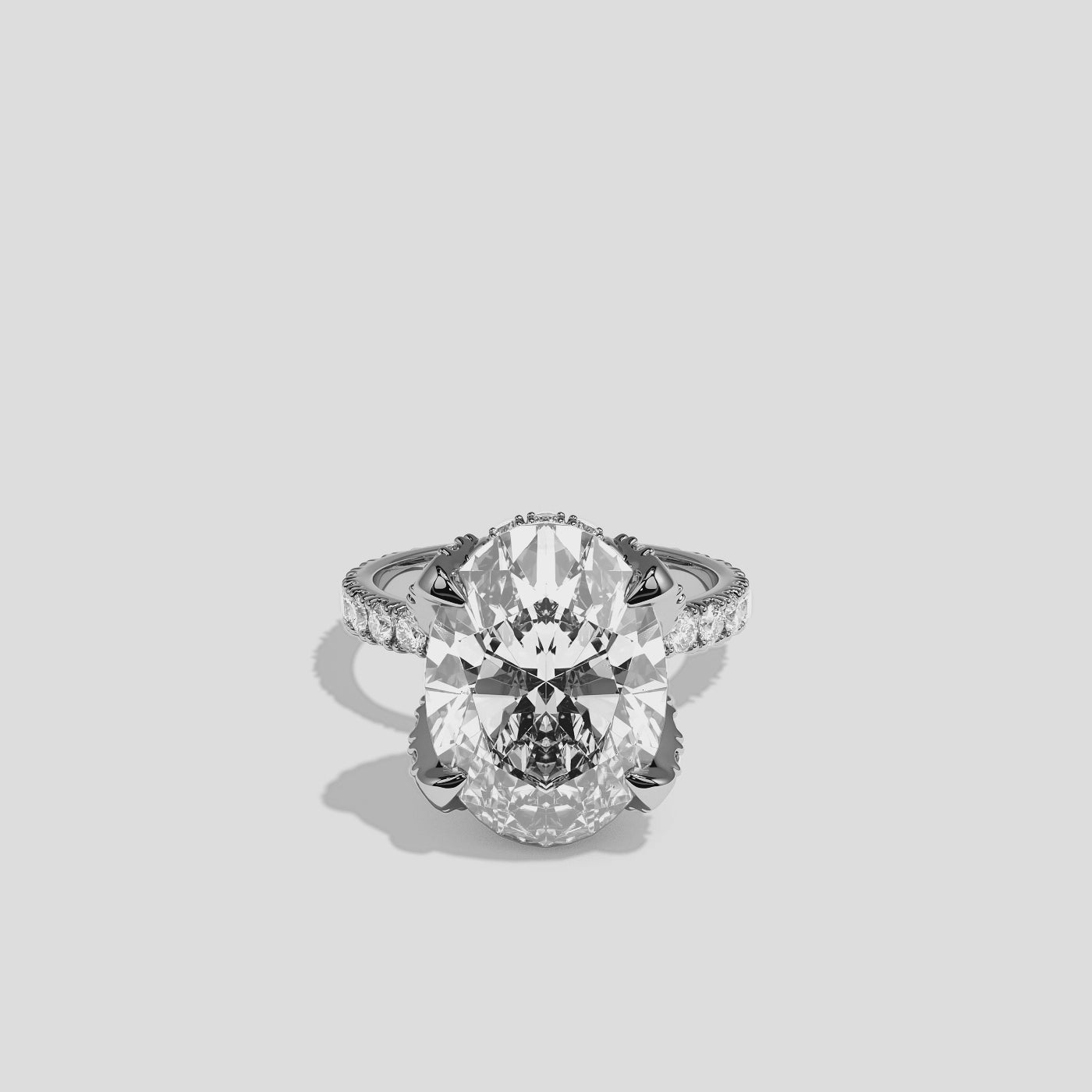 Rebecca diamond oval halo engagement ring in 18K white gold by Kurbãni Durjini, 360-degree view