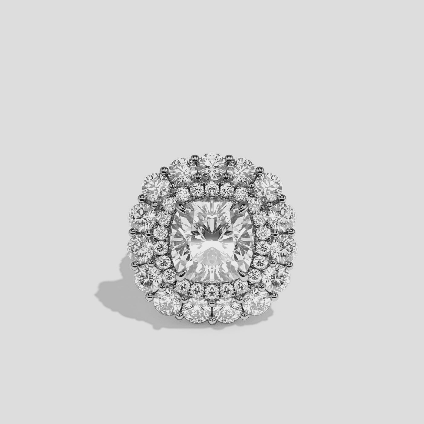 Pauline Étoile diamond cushion halo engagement ring in 18K white gold by Kurbãni Durjini, 360-degree view