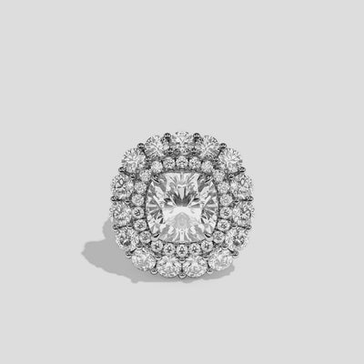 Pauline Étoile diamond cushion halo engagement ring in 18K white gold by Kurbãni Durjini, 360-degree view